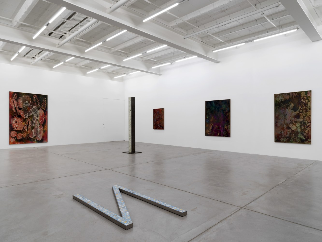 Installation view of Sam Falls paintings and sculptures exhibition