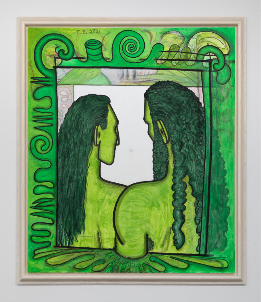painting of two persons with green skin by Carroll Dunham