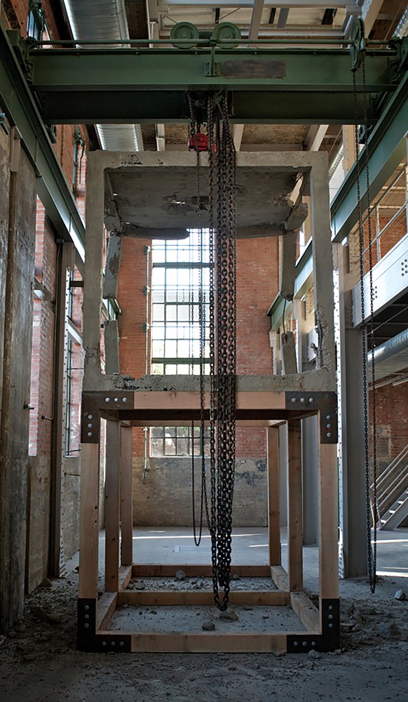 Installation view of sculpture by Oscar Tuazon