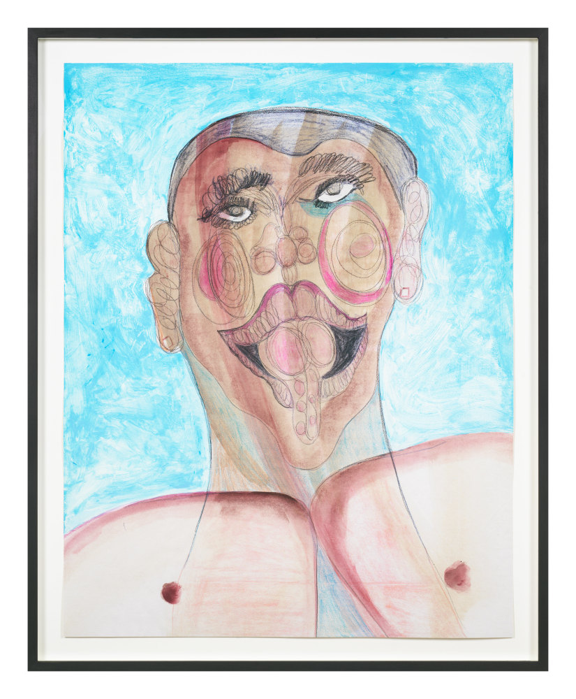 portrait drawing of a man with blue background by Tschabalala Self