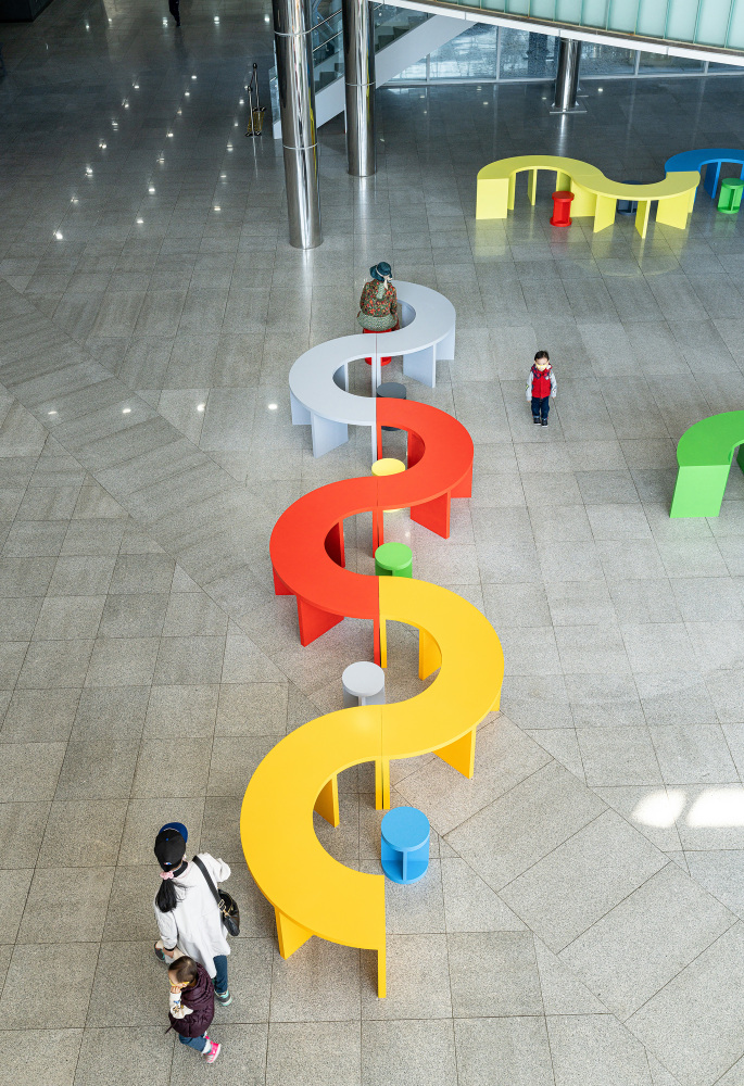 Installation view of sculptures by Liam Gillick