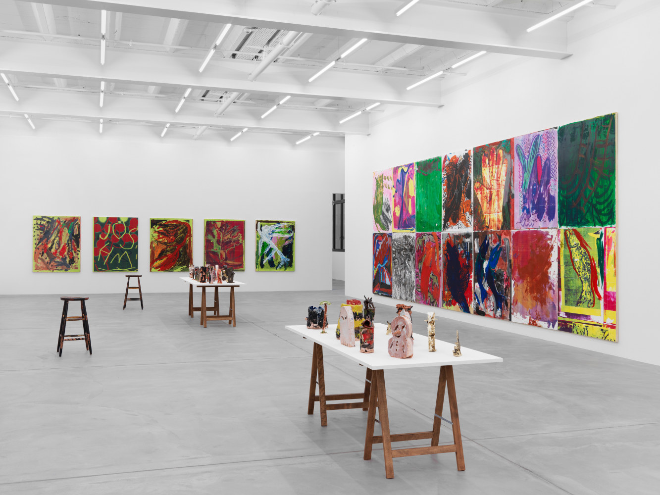 Installation view of Josh Smith paintings and ceramics exhibition