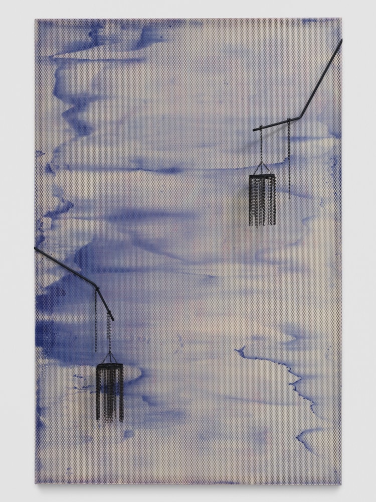 TREACHEROUS IN CALM AND STILL IN STORM 2018 Painted perforated steel, aluminum, painted and stained steel, painted and stained steel chain 166.5 x 110.5 x 15 cm / 65 1/2 x 43 1/2 x 5 7/8 in