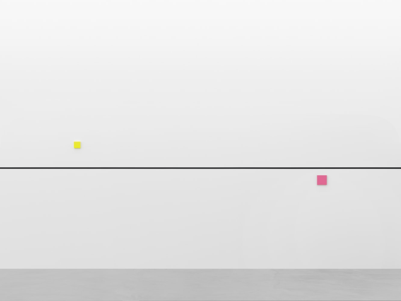 GERWALD ROCKENSCHAUB
bass+ (re)modification
2024
2 objects; lacquered MDF, black line on wall (2.5 cm wide, RAL9005 / deep black)
Unique
Object 1 10 x 10 x 3 cm / 3 7/8 x 3 7/8 x 1 1/8 in
Object 2 15 x 15 x 3 cm / 5 7/8 x 5 7/8 x 1 1/8 in
Dimensions variable
ROCKE60250