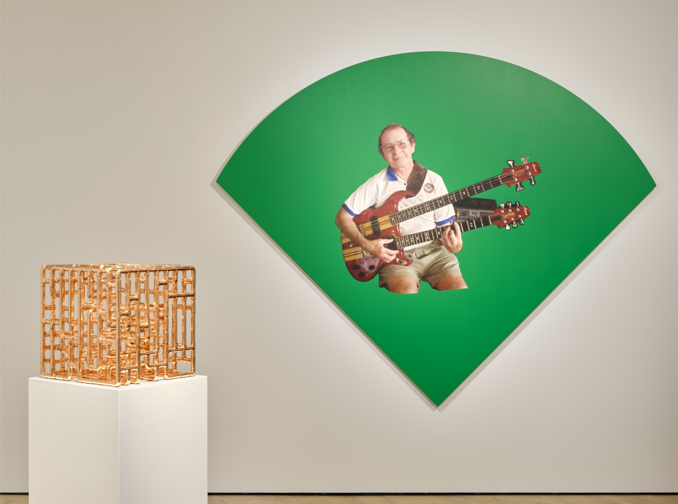 Installation view of sculptures, screen prints, paintings and drawings by Steven Shearer