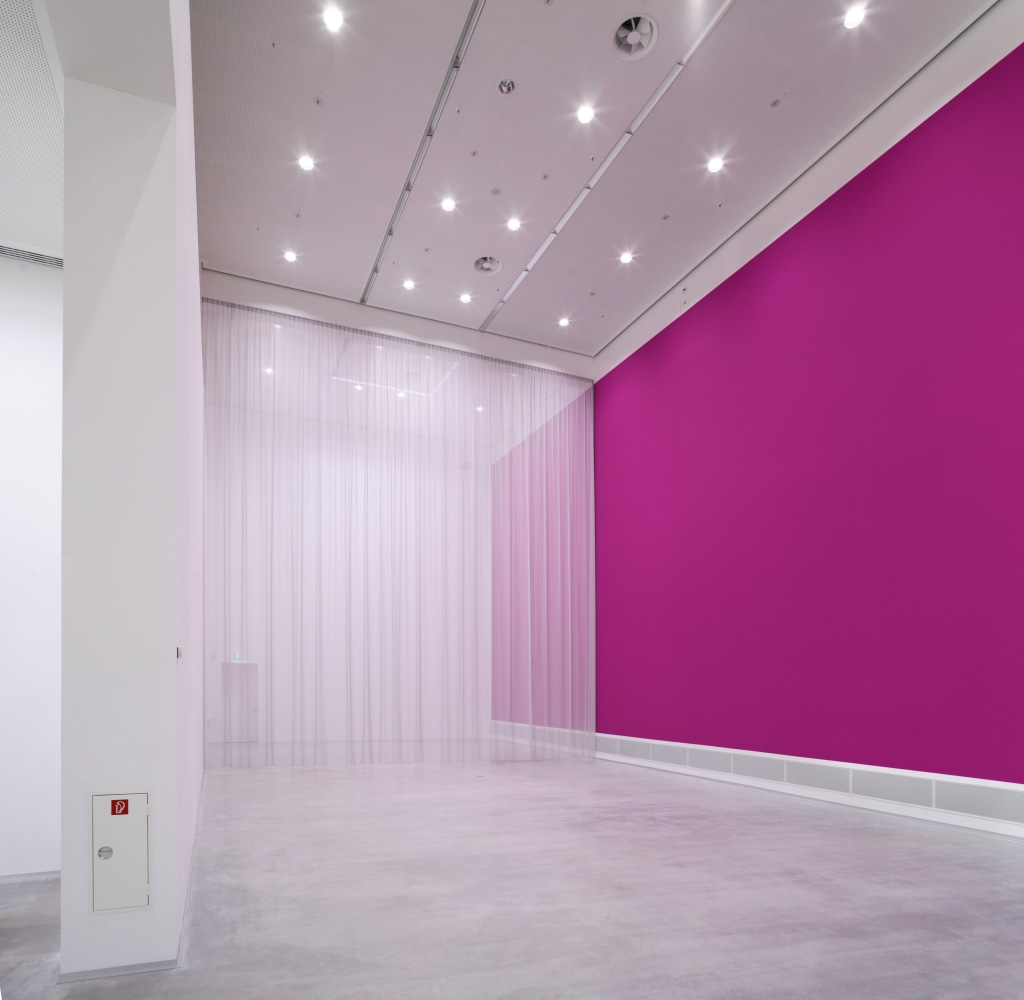 Installation by Gerwald Rockenschaub, New Season Beauty (1) 2007 Polyester curtain, metal rail: 960 x 920 cm Wall paint: 894 x 2120 cm