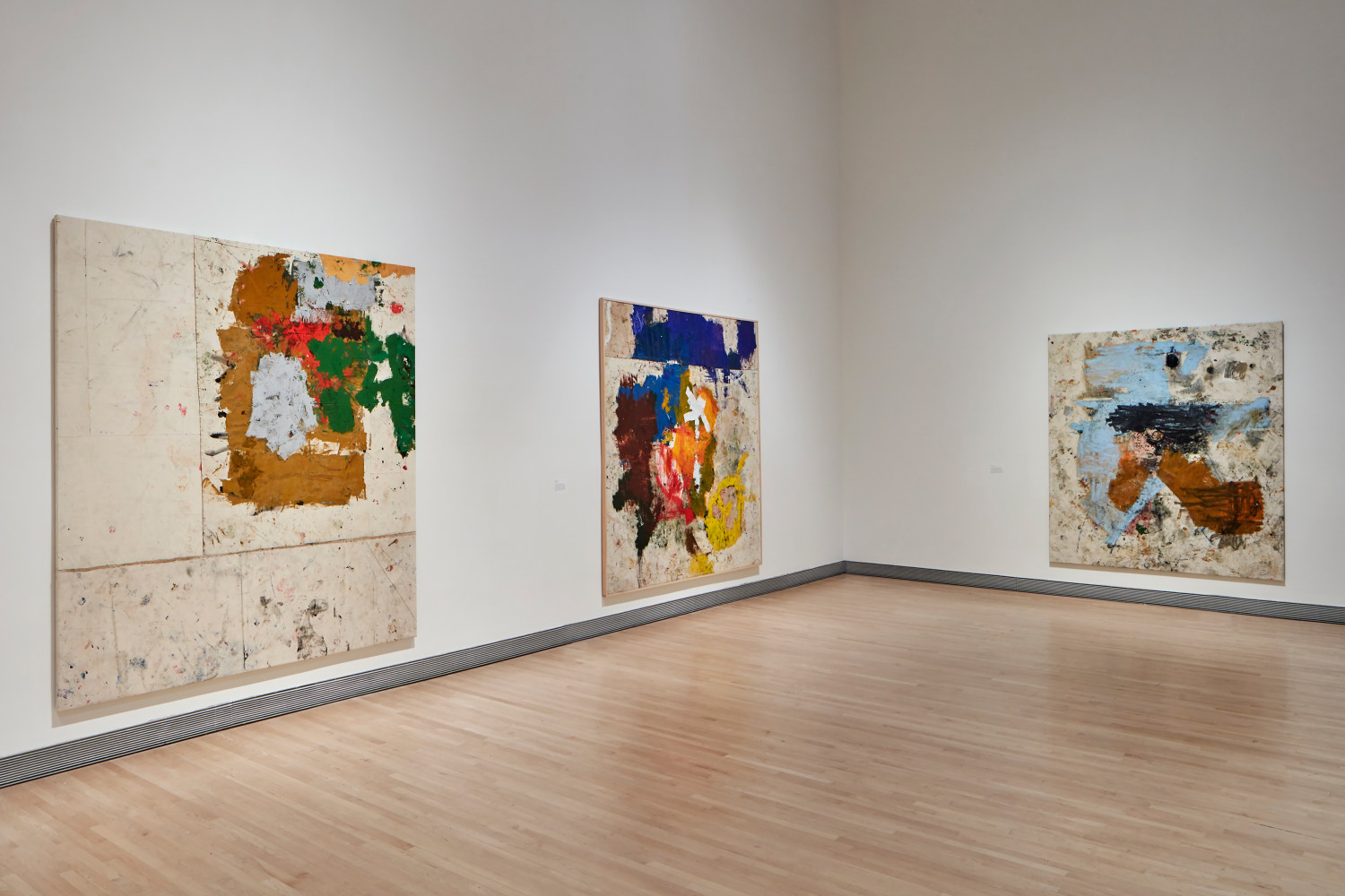 Installation view of paintings and sculptures by Joe Bradley