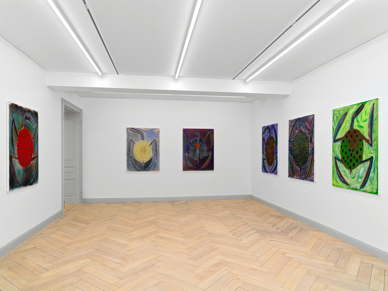 Installation view of Josh Smith paintings, monotypes, and ceramics exhibition