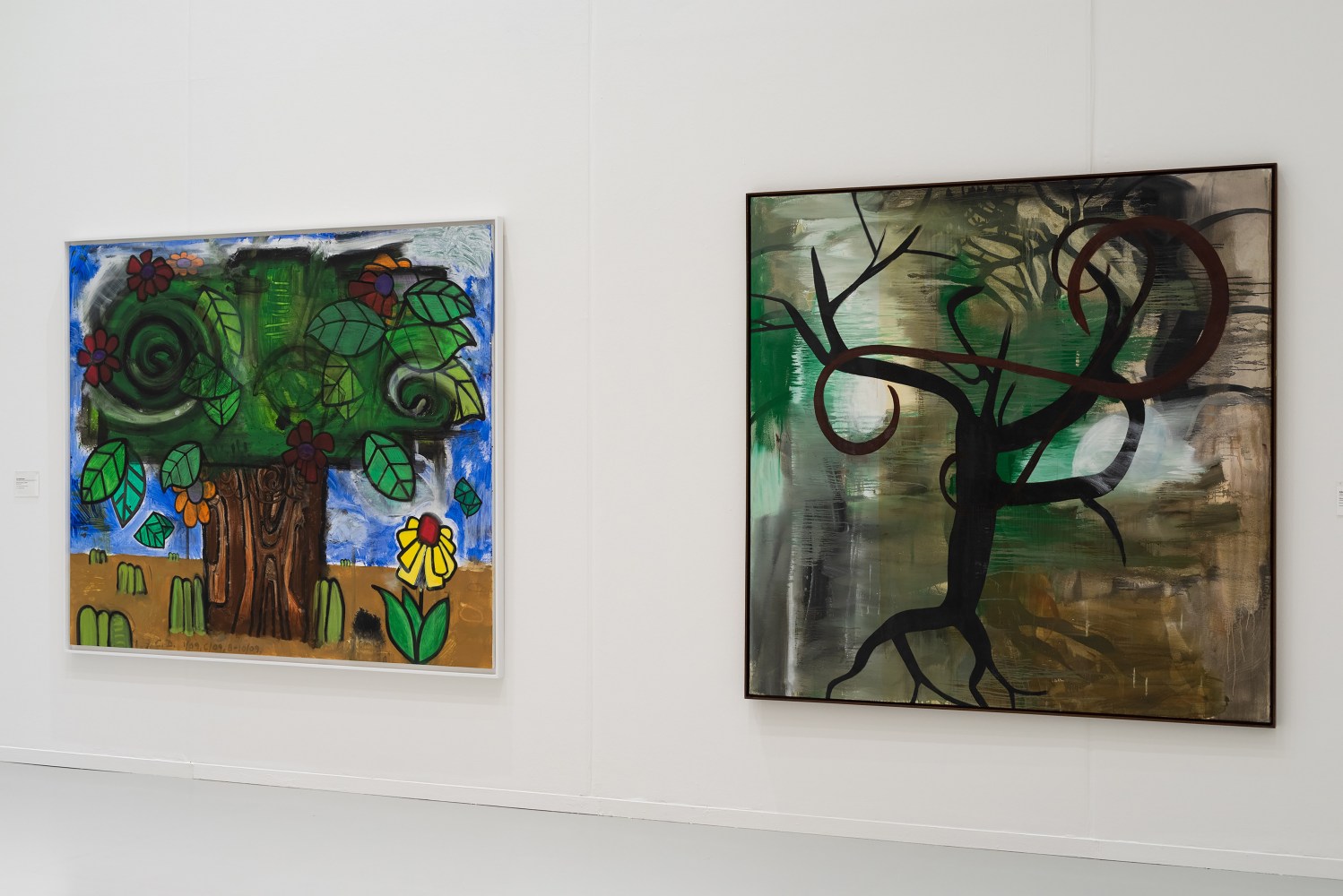 Installation view of paintings by Albert Oehlen and Carroll Dunham