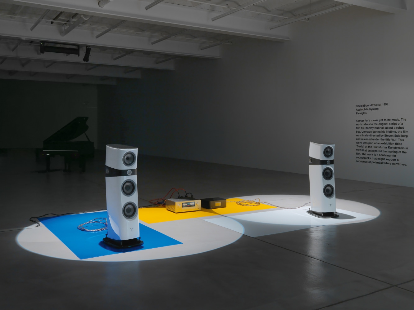 Installation by Liam Gillick, David (Soundtracks) 1999 Plexiglas sheets, Audiophile Hi-Fi System, AIFF sound files Dimensions variable