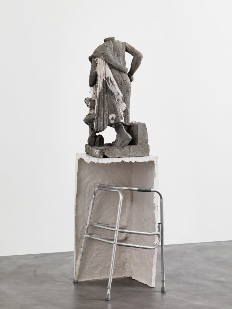 Indoor view of Justin Matherly sculpture, It’s ok to limp 2016 GFRC, GFRG, modified ambulatory equipment, spray paint, paracord (sunrise camouflage) 209.5 x 55.5 x 72 cm / 82 1/2 x 21 7/8 x 28 3/8 in