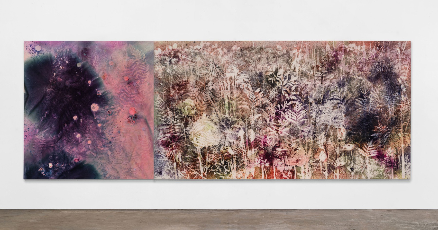 NIGHT RAIN, MORNING MIST (AUTUMN)
2020
Pigment on canvas; 2 parts
Painting 1: 170.5 x 160.5 x 3 cm / 67 1/8 x 63 1/4 x 1 1/8 inches
Painting 2: 170.5 x 316.5 x 3 cm / 67 1/8 x 124 5/8 x 1 1/8 inches
Total dims.: 170.5 x 477 x 3 cm / 67 1/8 x 187 3/4 x 1 1/8 inches