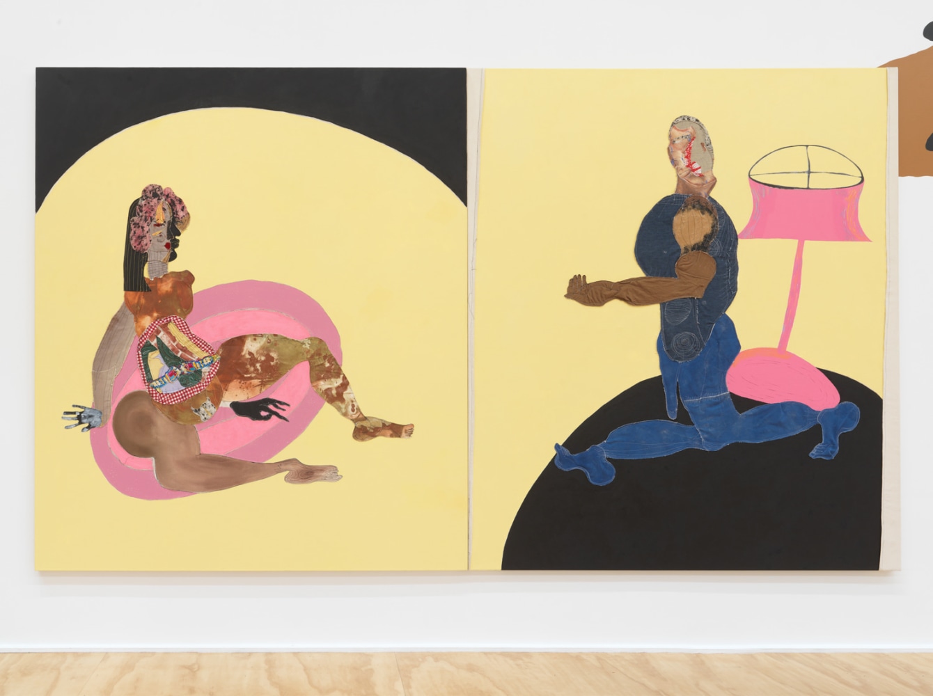 CARPET  2020  Fabric, pigment, paper, acrylic and painted canvas on canvas  2 parts, each 213.5 x 183 x 4 cm / 84 x 72 x 1 1/2 inches