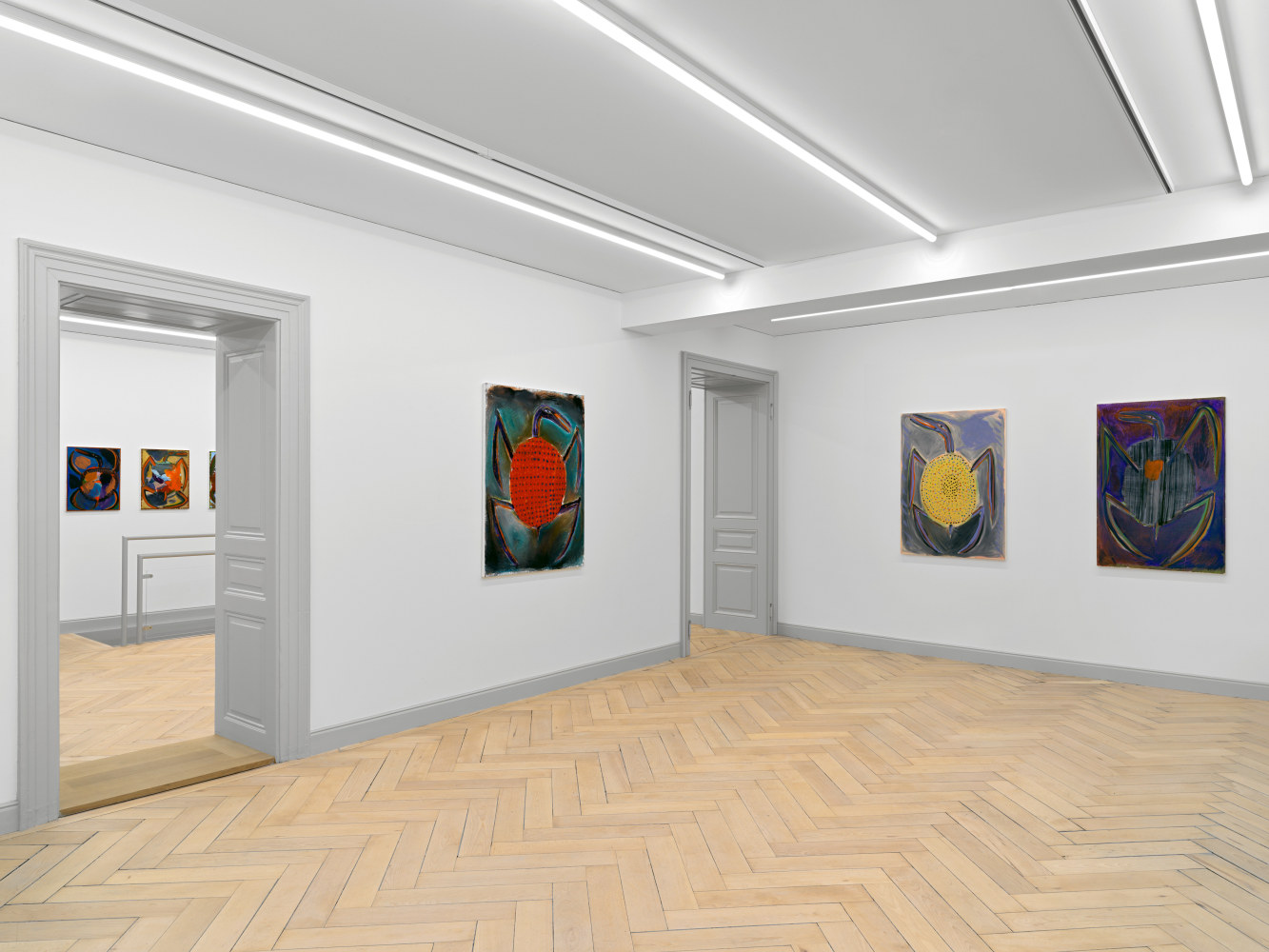 Installation view of Josh Smith paintings, monotypes, and ceramics exhibition