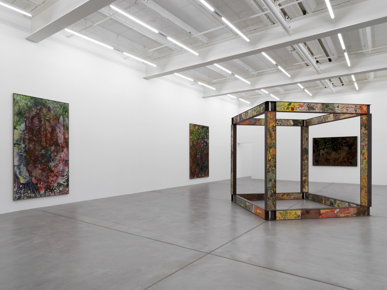 Installation view of Sam Falls paintings and sculptures exhibition