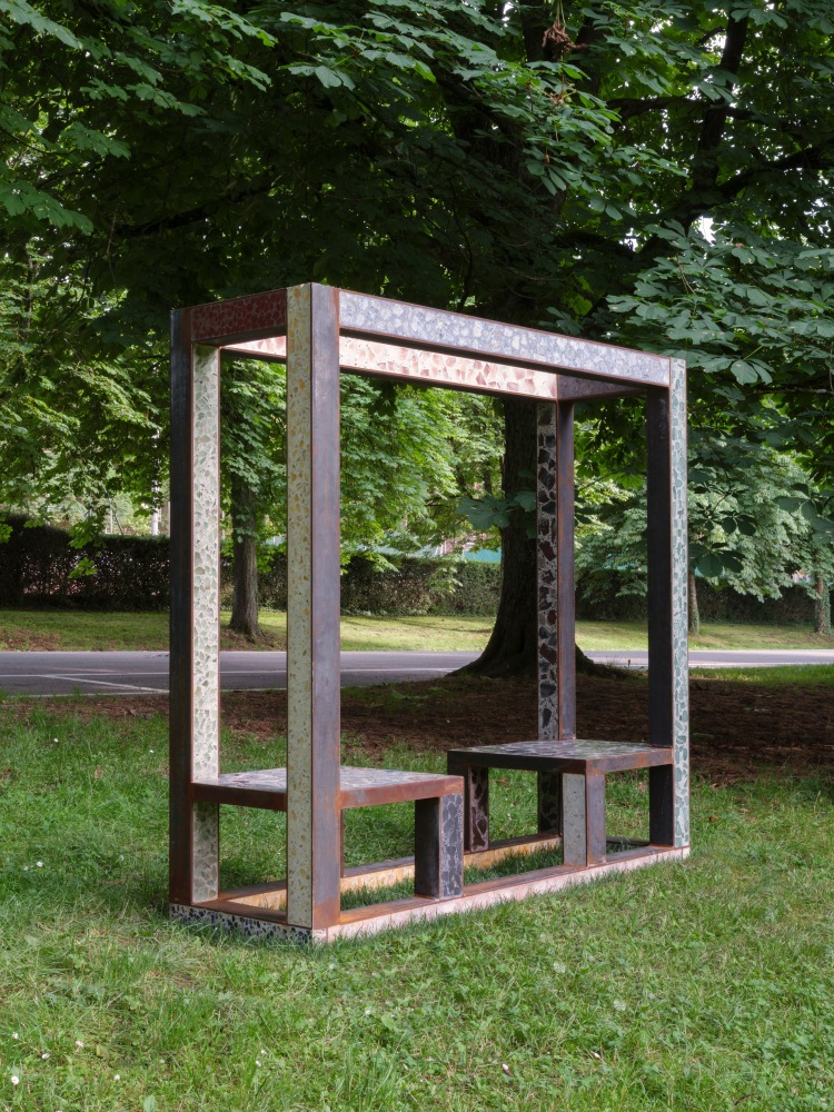 Installation view of outdoor sculpture by Sam Falls