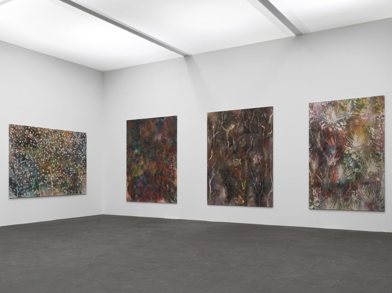 Installation view of paintings by Sam Falls