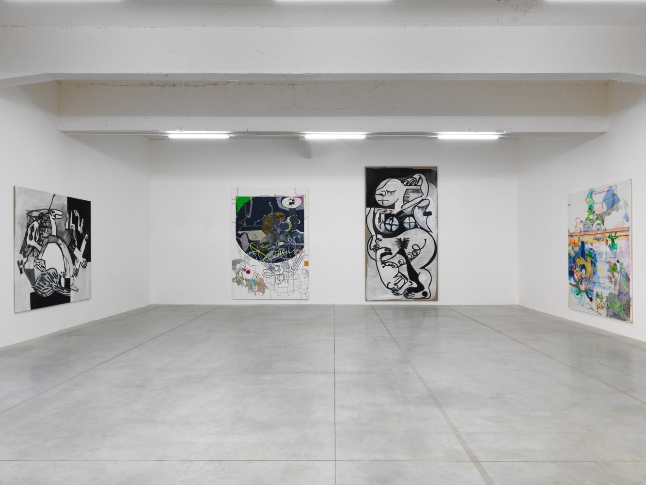 Installation view of paintings by Tobias Pils and Michael Williams