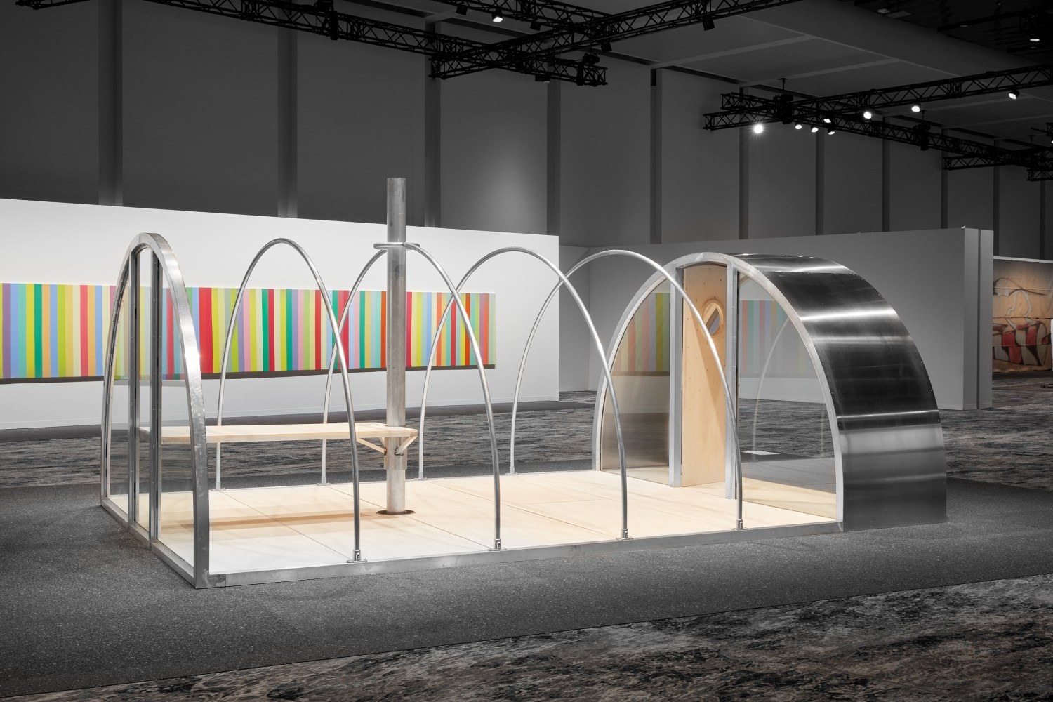 Installation view, Oscar Tuazon, Quonset Tent, Meridians, Art Basel Miami Beach, 2019