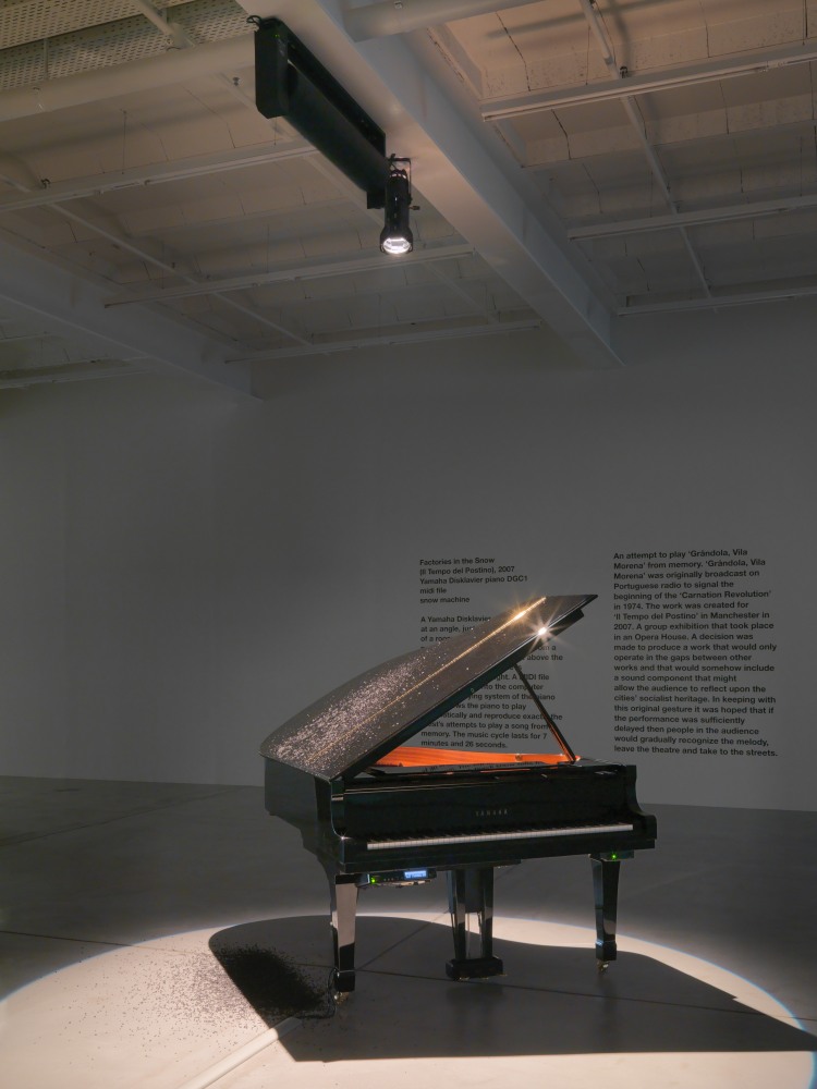 Installation view of Liam Gillick audio and film installation exhibition