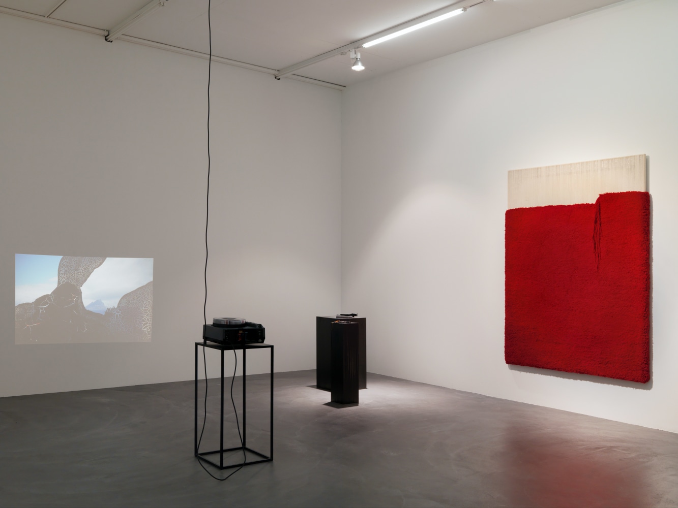 Installation view of paintings, video works and wall works by Latifa Echakhch