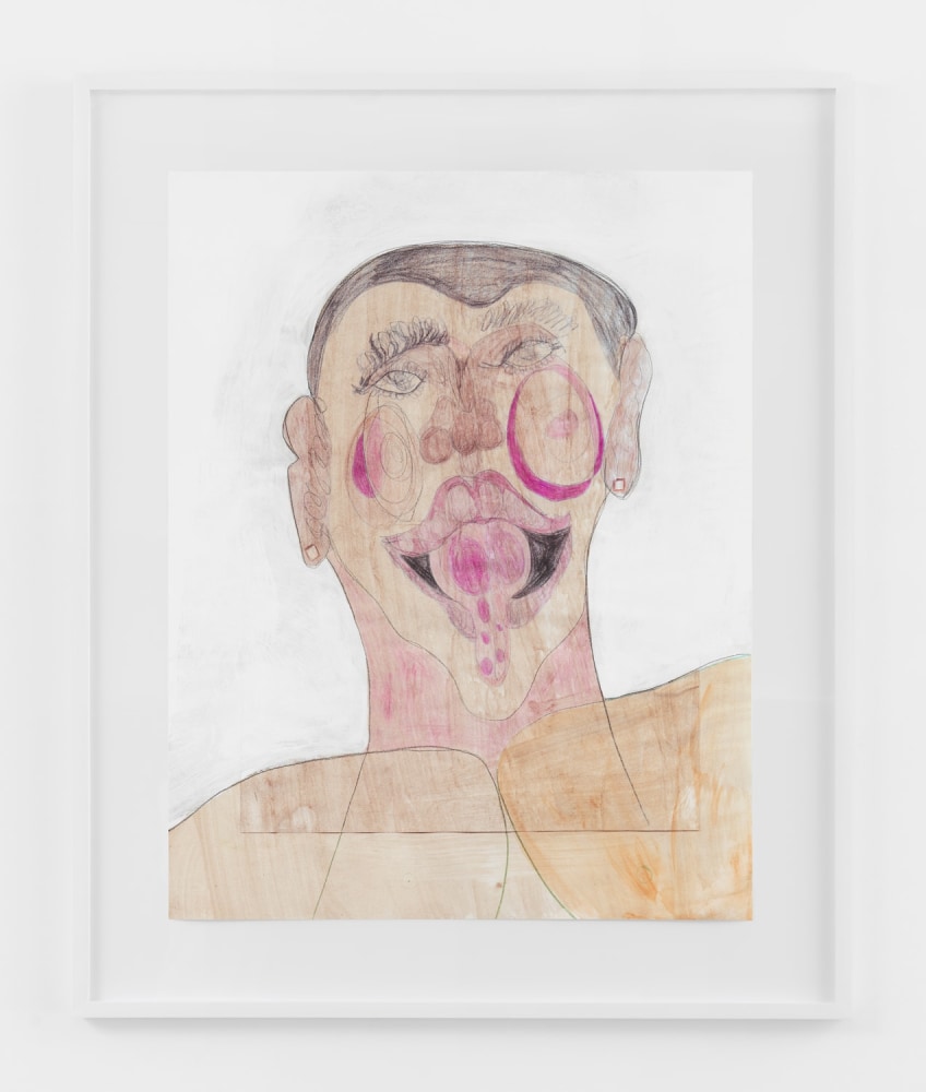 BLACK FACE WITH PURPLE TONGUE  2020  Colored pencil, acrylic paint, gouache, charcoal, graphite, on archival inkjet print  Unique  Sheet 91.5 x 71 cm / 36 x 28 inches  Frame 114.5 x 79.5 x 4 cm / 45 x 31 1/4 x 1 1/2 inches