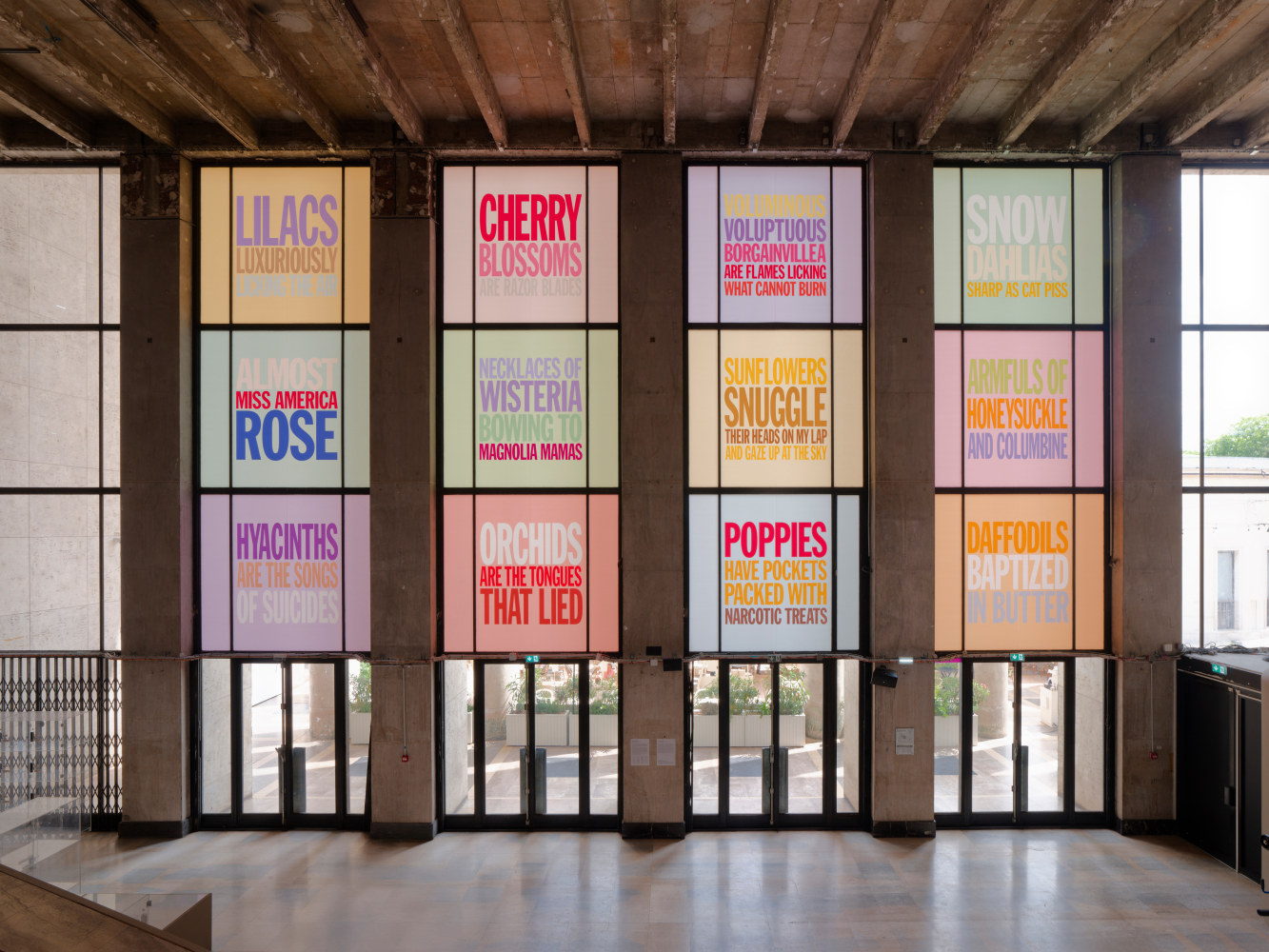 Installation view, John Giorno, Welcoming the Flowers, Palais de Tokyo, Paris, 2025