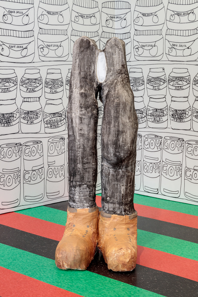 Installation view of paintings and sculptures by Tschabalala Self