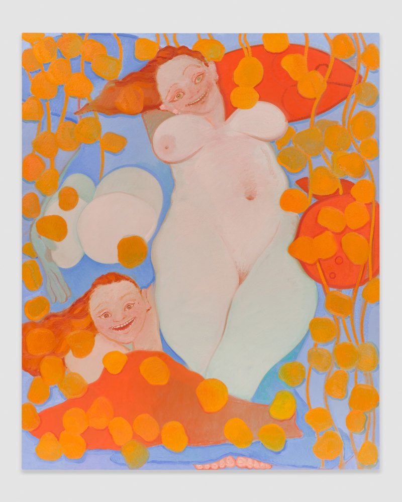 painting of orange waterlilies a woman and child by Sofia Mitsola