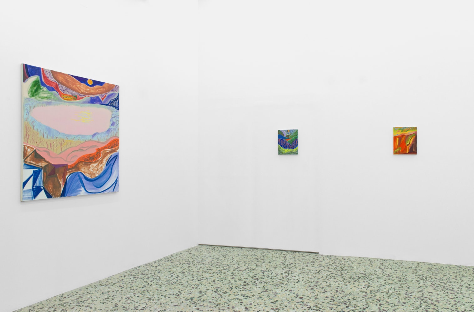 Installation view of Shara Hughes paintings exhibition