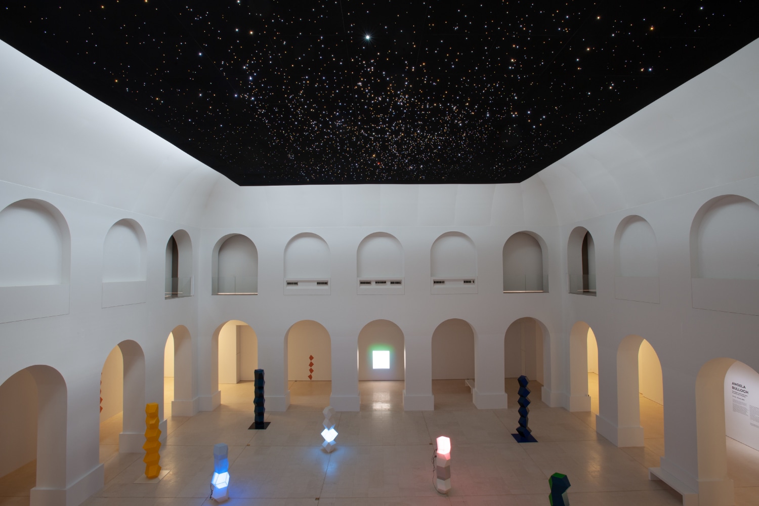 Installation view of sculptures and painting by Angela Bulloch