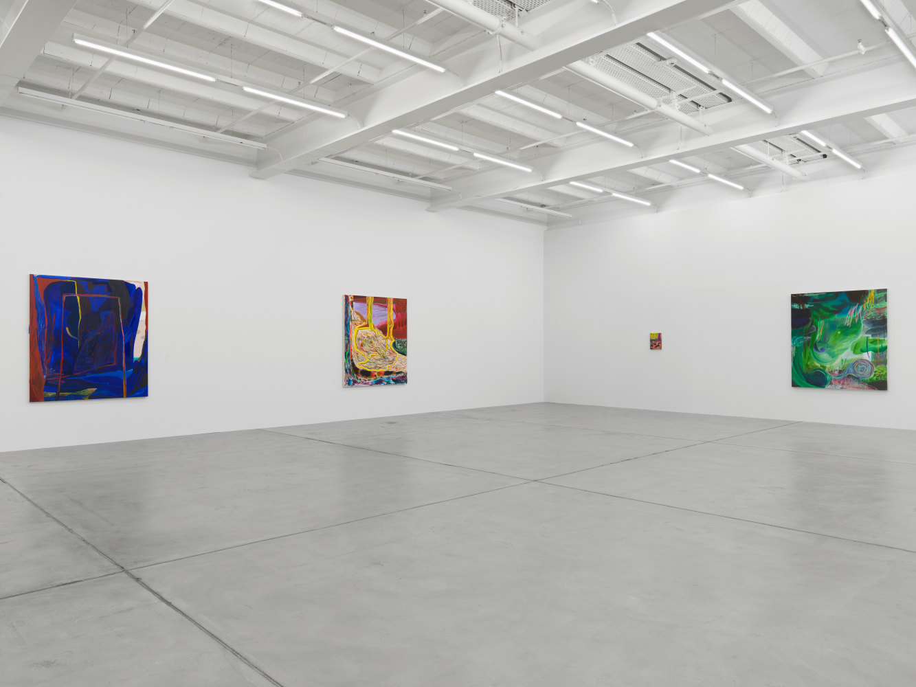 Installation view of Shara Hughes paintings exhibition