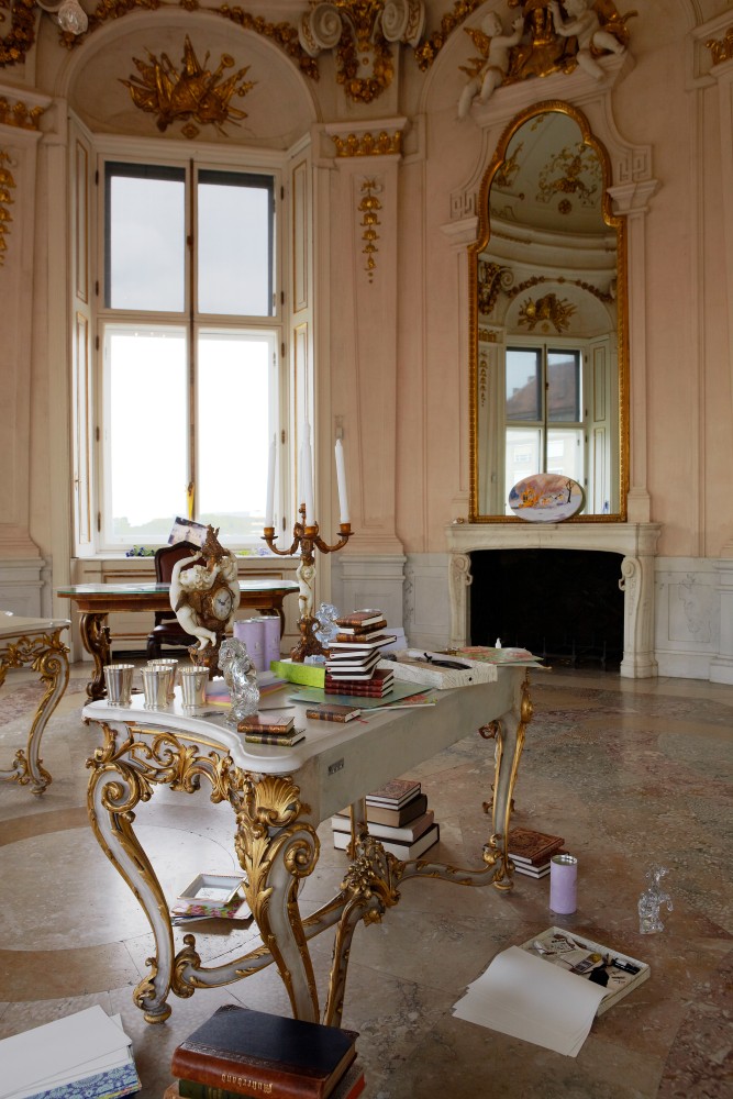 Installation view of sculpture add ons by Karen Kilimnik