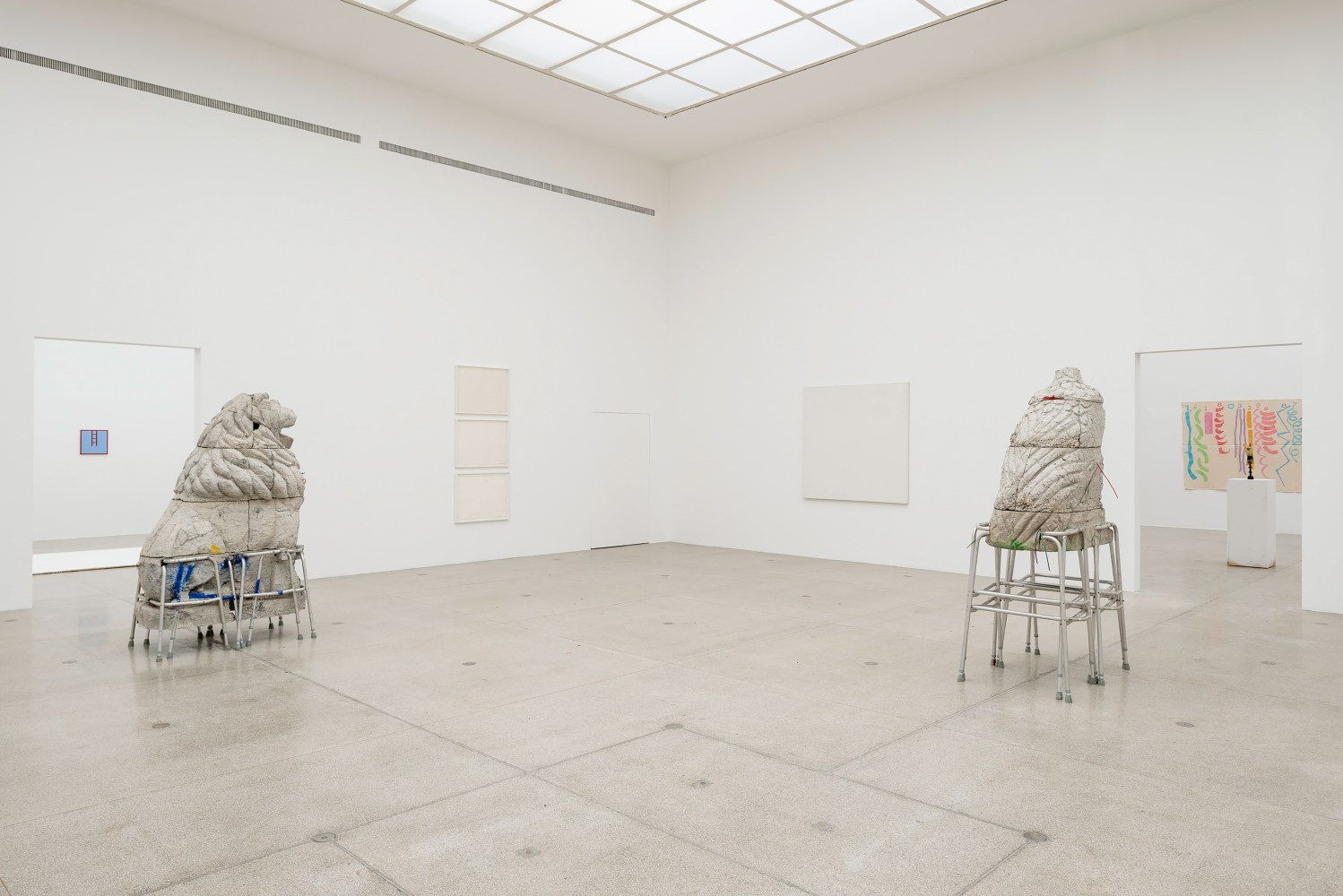 Installation view of sculptures by Justin Matherly and various works by other artists