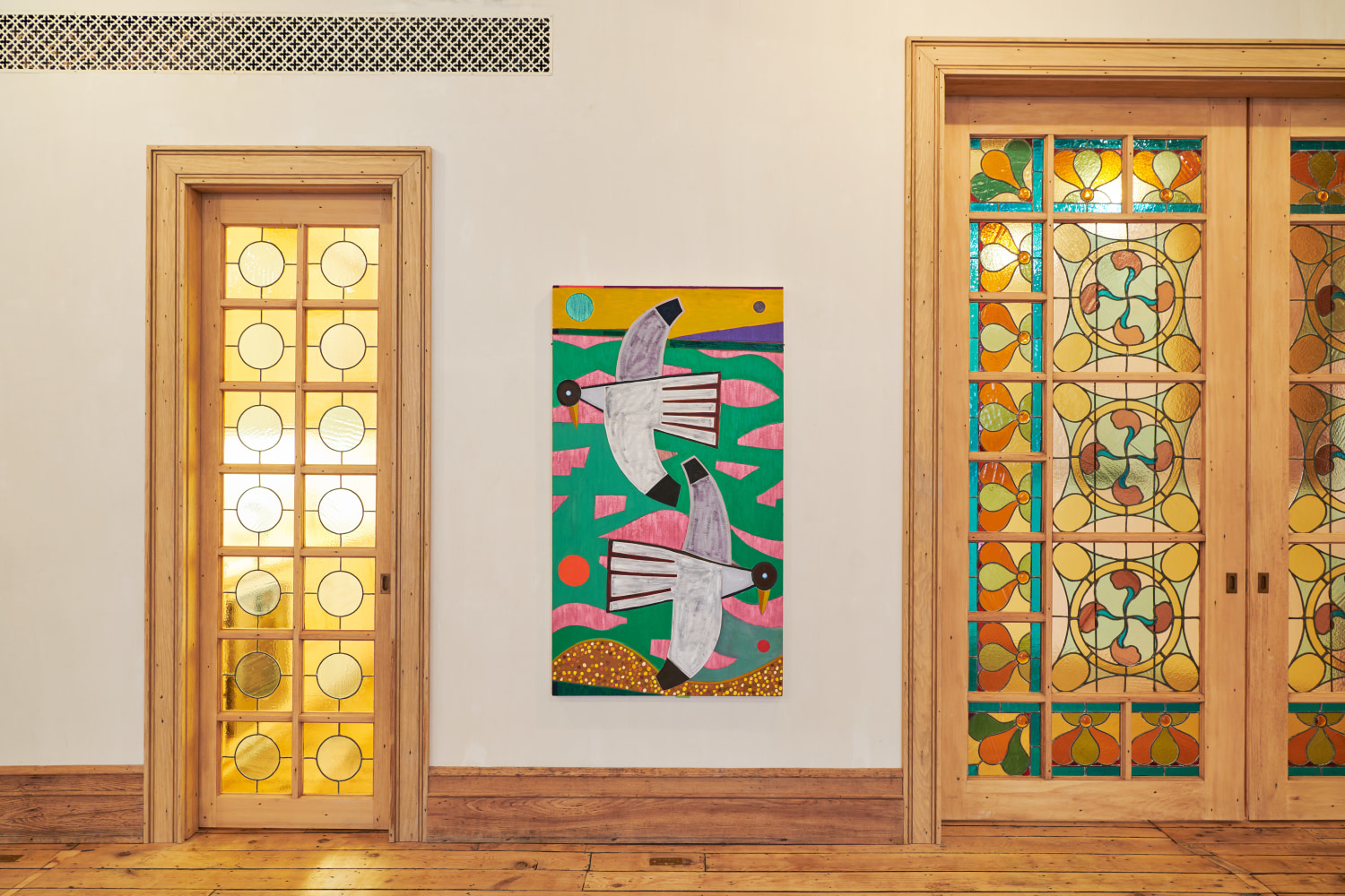 Installation view of paintings and drawings by Austin Eddy