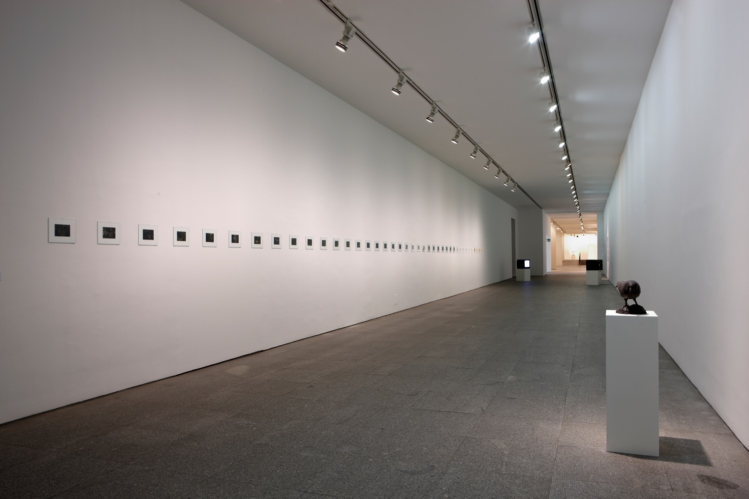 Installation view of photographs and sculpture by Peter Fischli and David Weiss
