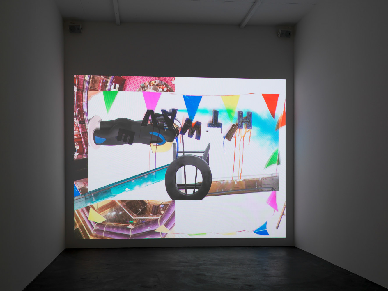 Installation view of Alex Hubbard sculptural paintings and film exhibition