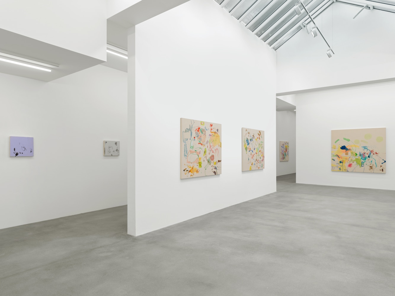 Installation view of Sue Williams painting and collage exhibition