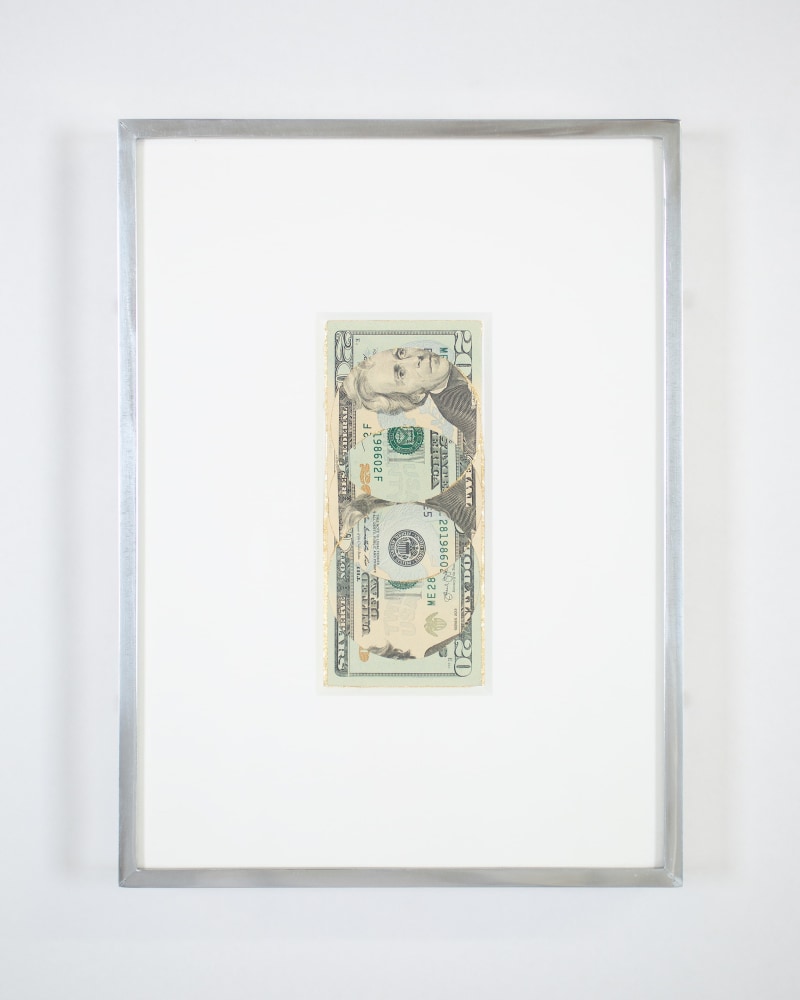 Blind Collage (Three 180&amp;deg; Rotations, United States Federal Reserve Twenty-Dollar Note: Series 2013, Issued by Federal Reserve Bank of Richmond, Virginia, Printed in Washington, District of Columbia, Plate Position E2, Front Plate No. 210, Back Plate No. 464, Serial No. ME28198602F, #2)
2021
United States Federal Reserve twenty-dollar bill, tape, and 22 karat gold leaf
Object 6.5 x 15.5 cm / 2 5/8 x 6 1/8 inches
Frame 24 x 32.5 cm / 9 1/2 x 12 7/8 inches
BESHT48257