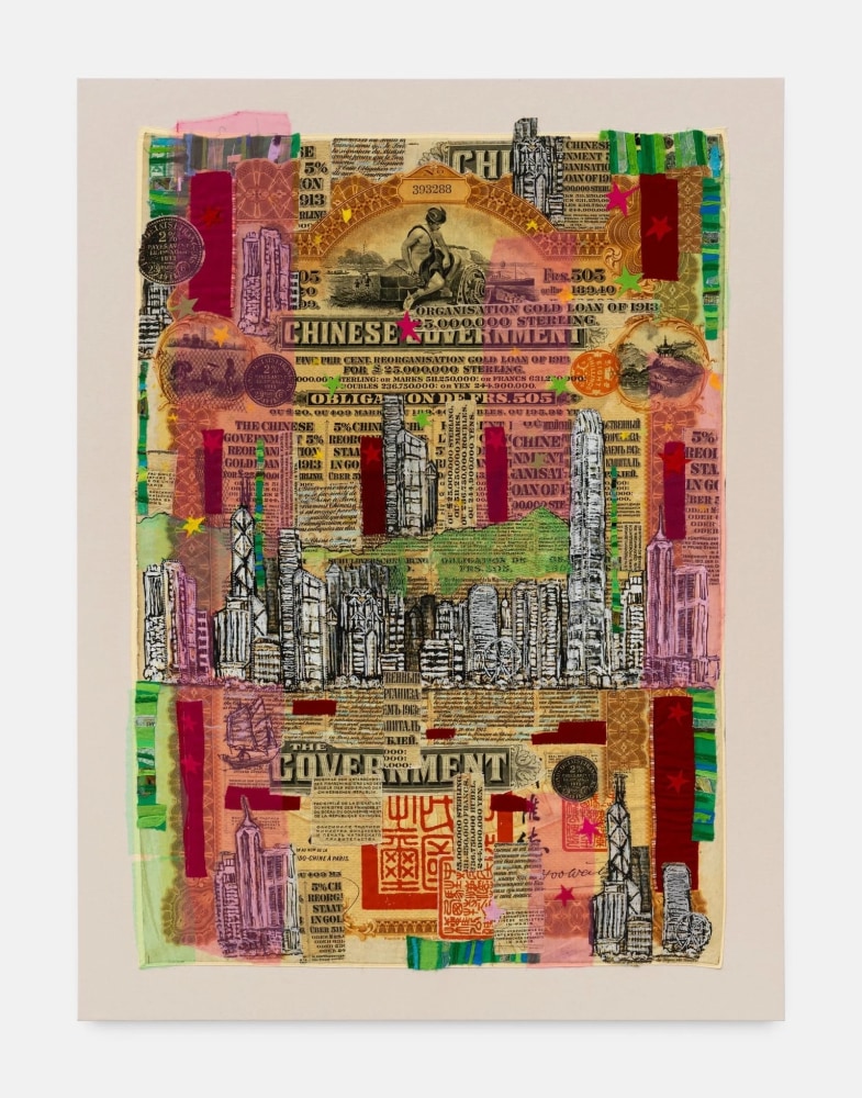 Hew Locke
Raw Materials 8, 2022
Custom printed 245gms organic cotton warp satin, with appliqued fabrics and cord, and PVA-based Fray-stop on raw edges, velvet, synthetic netting, aluminium beads
169 x 127 cm
66 1/2 x 50 in