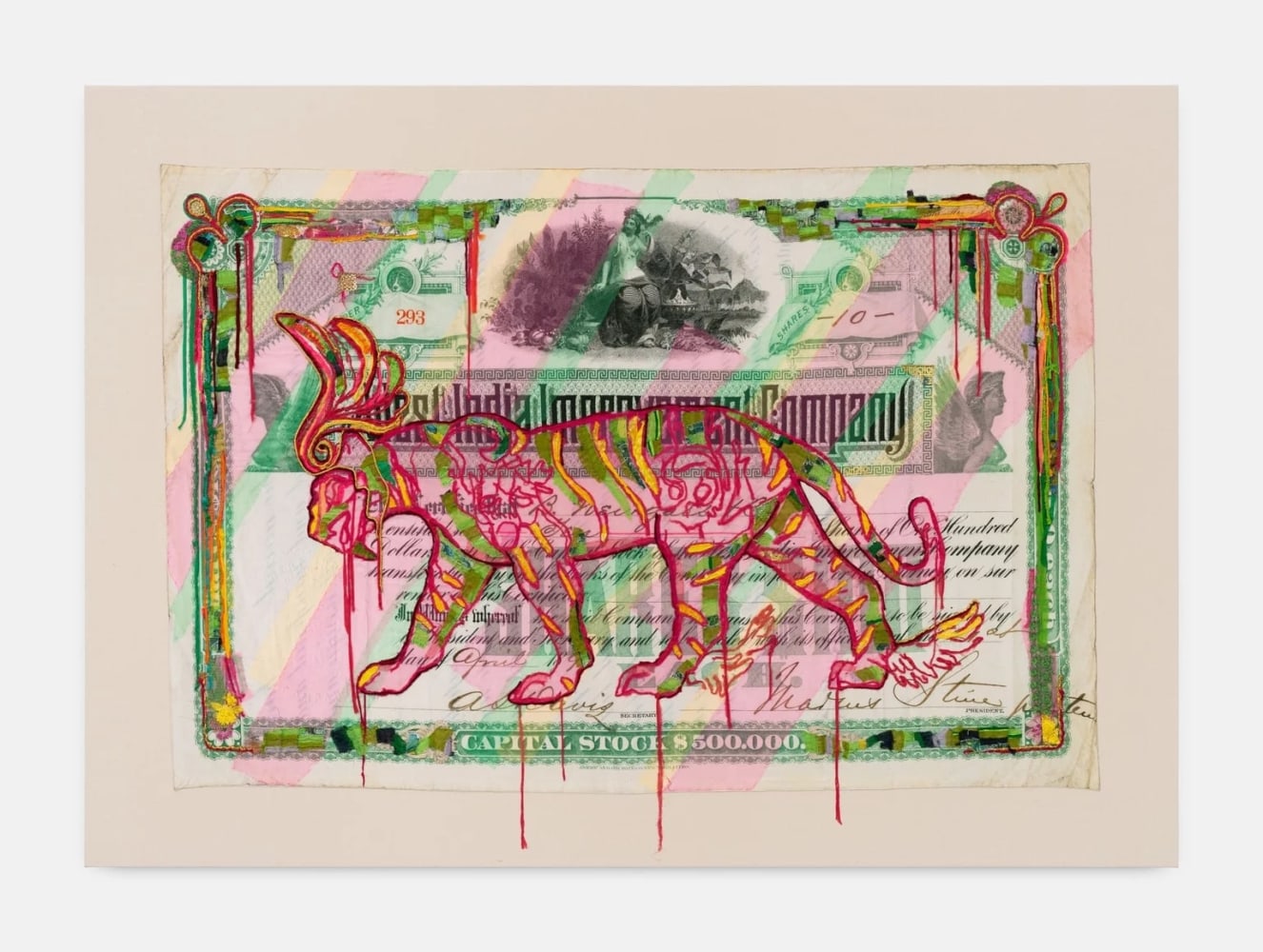 Hew Locke
Raw Materials 14, 2023
Custom printed 245gms Organic cotton warp satin with appliqued fabrics and cord, PVA-based Fray-stop on raw edges, plastic sequins, jesmonite, synthetic hair, plastic beads, brass/copper wire, glass
176 x 246 cm
69 1/2 x 97 in