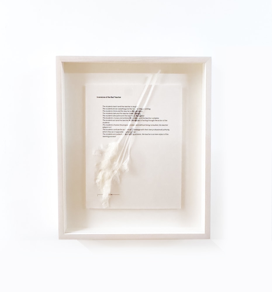 Timmy Simonds
Inversions of the bad teacher, Paulo Freire (double white), 2024
bleached parsley, printed text on paper
11 x 8 1/2 x 1 1/4 ins.
27.9 x 21.6 x 3.2 cm