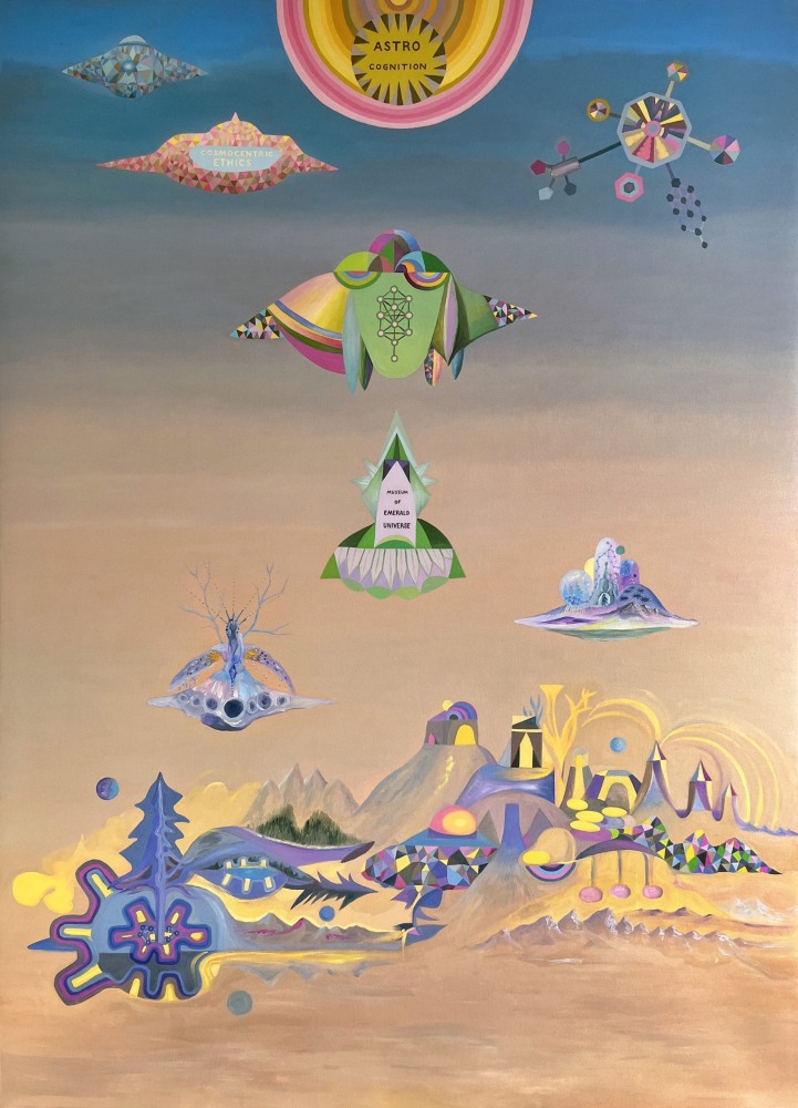 Suzanne Treister
TECHNOSHAMANIC SYSTEMS/Quantumspacecity 01, 2023
oil on canvas
83 9/10 &amp;times; 59 4/5 ins.
213 &amp;times; 152 cm