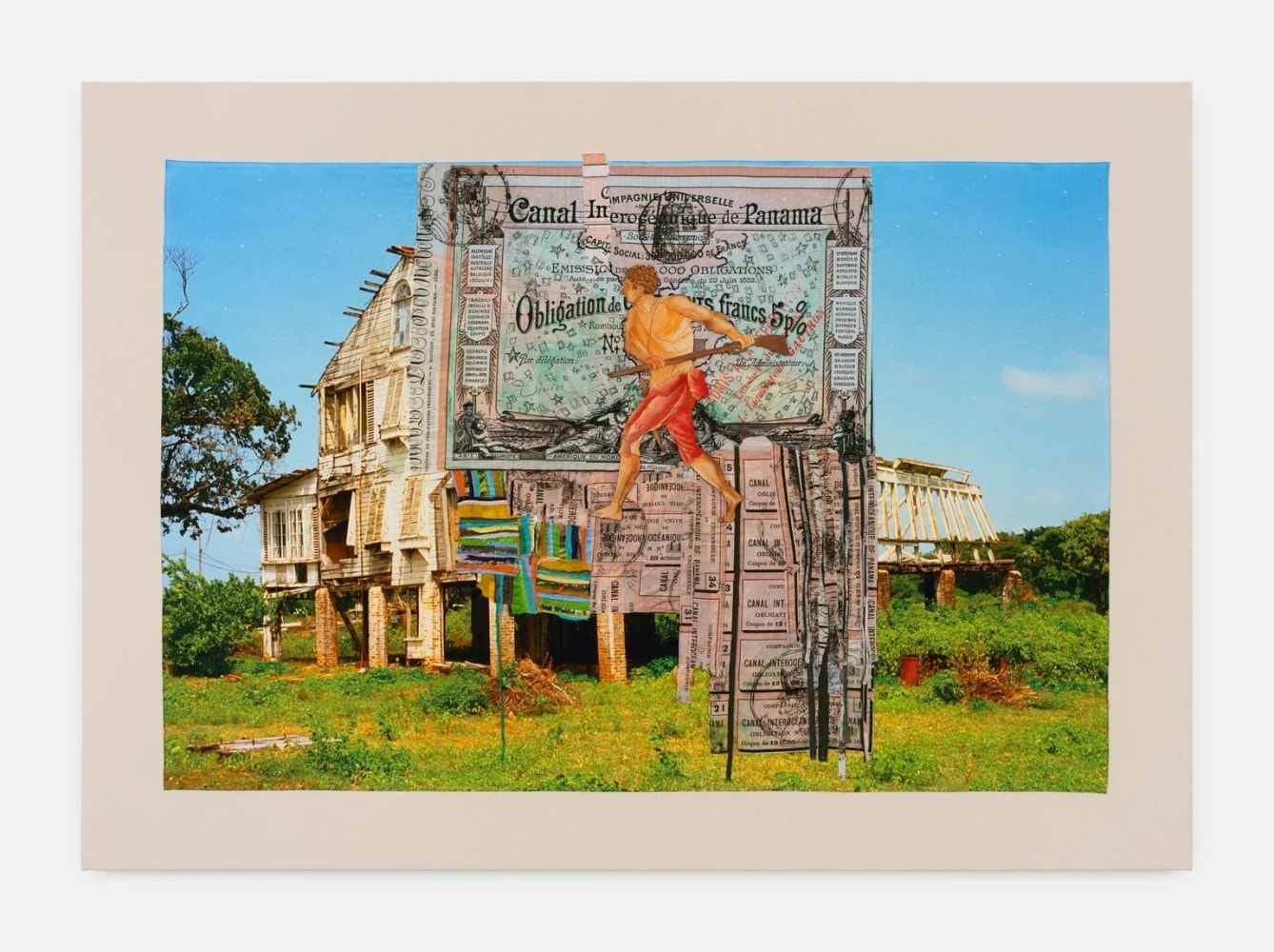 Hew Locke
Raw Materials 18, 2023
Custom printed 245gms organic cotton warp satin with appliqued fabrics and cord, PVA-based Fray-stop on raw edges, cotton lawn, cotton and nylon thread, plywood, acrylic paint, gesso primer
149 x 225 cm
58 1/2 x 88 1/2 in