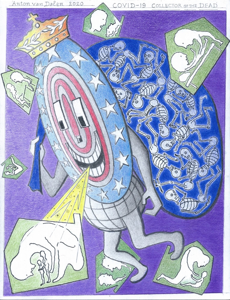 Anton van Dalen
COVID-19 Collector of the Dead, 2020
prismacolor pencil, graphite pencil and india ink on paper
11 x 8 1/2 ins.
27.9 x 21.6 cm