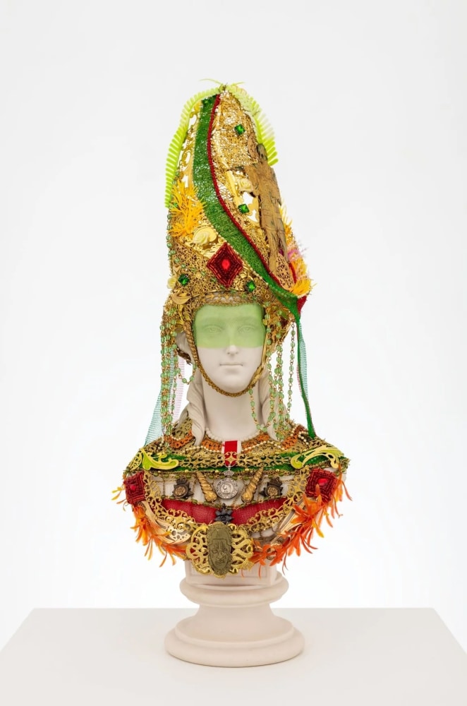 Hew Locke
Souvenir 12 (Princess Alexandra), 2023
Mixed media on antique Parian Ware, copper wire, acrylic paint, synthetic fabric, brass, iron, plastic, metal alloys, enamel, glass, stone
51 x 21 x 16 cm
20 x 8 1/2 x 6 1/2 in