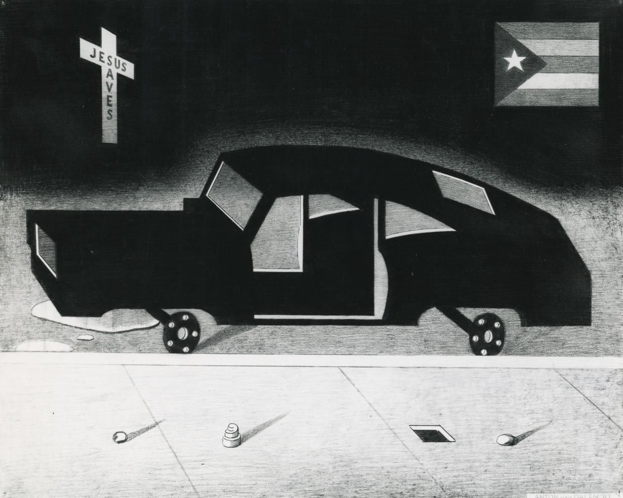 Anton van Dalen
Car, Jesus Saves and P.R Flag, 1982
graphite on paper
23 x 29 in.
58.42 x 73.66 cm