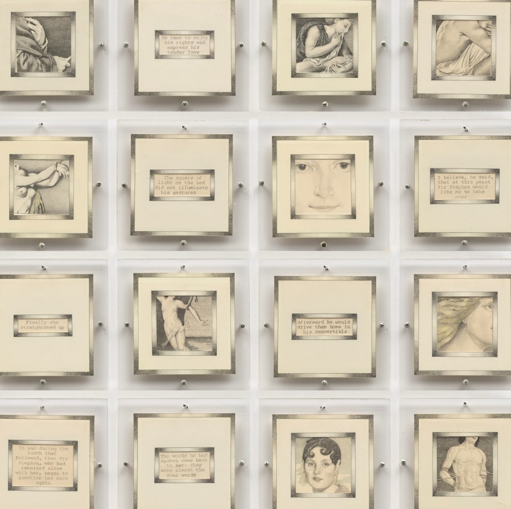 Dotty Attie
What Surprised Them Most, 1974
colored pencil on paper, 86 panels
each: 3 1/2 x 3 1/2 ins. (8.9 x 8.9 cm)
overall: 4 1/2 x 429 1/2 ins. (11.4 x 1090.9 cm)