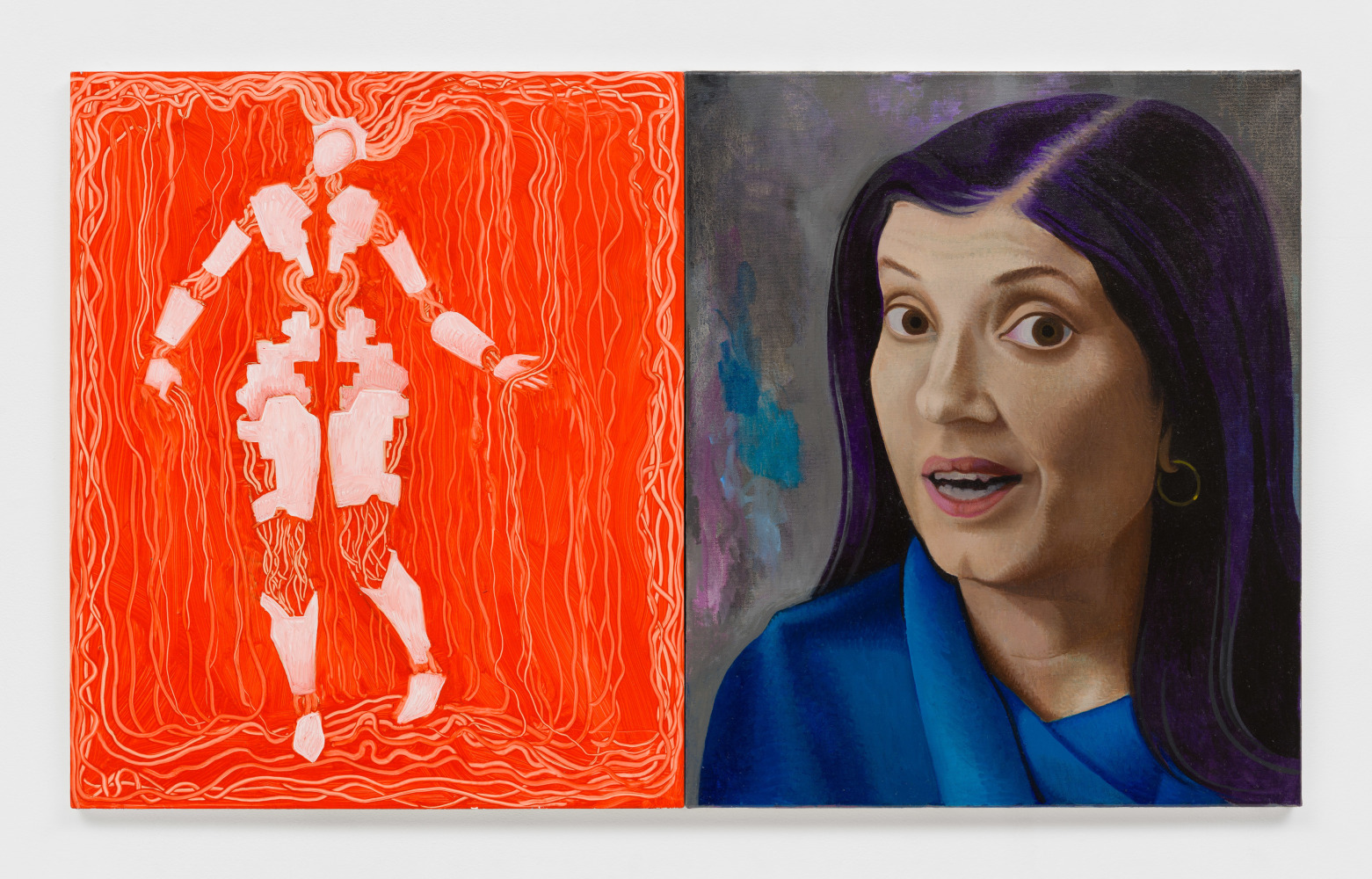 Hortensia Mi Kafchin
Transhumanism and narcissism &amp;amp; Dr. Ramani warning us about narcissism, 2024-25
oil on wood &amp;amp; oil on canvas
left: 23 1/2 x 19 5/8 ins. (59.7 x 49.8 cm)
right: 23 3/4 x 19 3/4 ins. (60.3 x 50.2 cm)