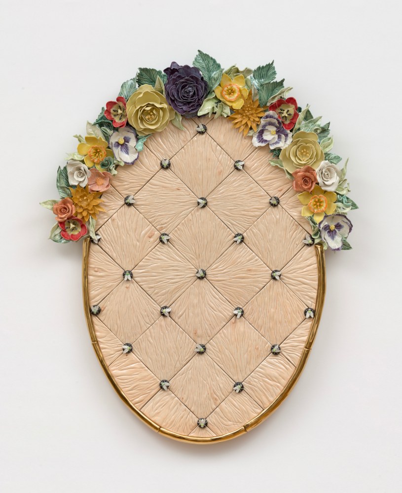 Jessica Stoller
Untitled (mirror), 2019
porcelain, glaze, china paint, lustre, wood
29 x 24 x 3 ins.
73.7 x 61 x 7.6 cm